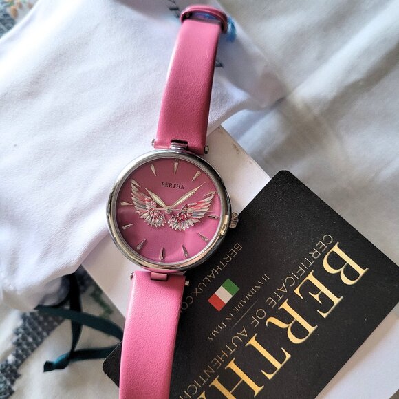 Bertha Women's 3D Angel Wings Pink Leather Watch - Picture 2 of 8
